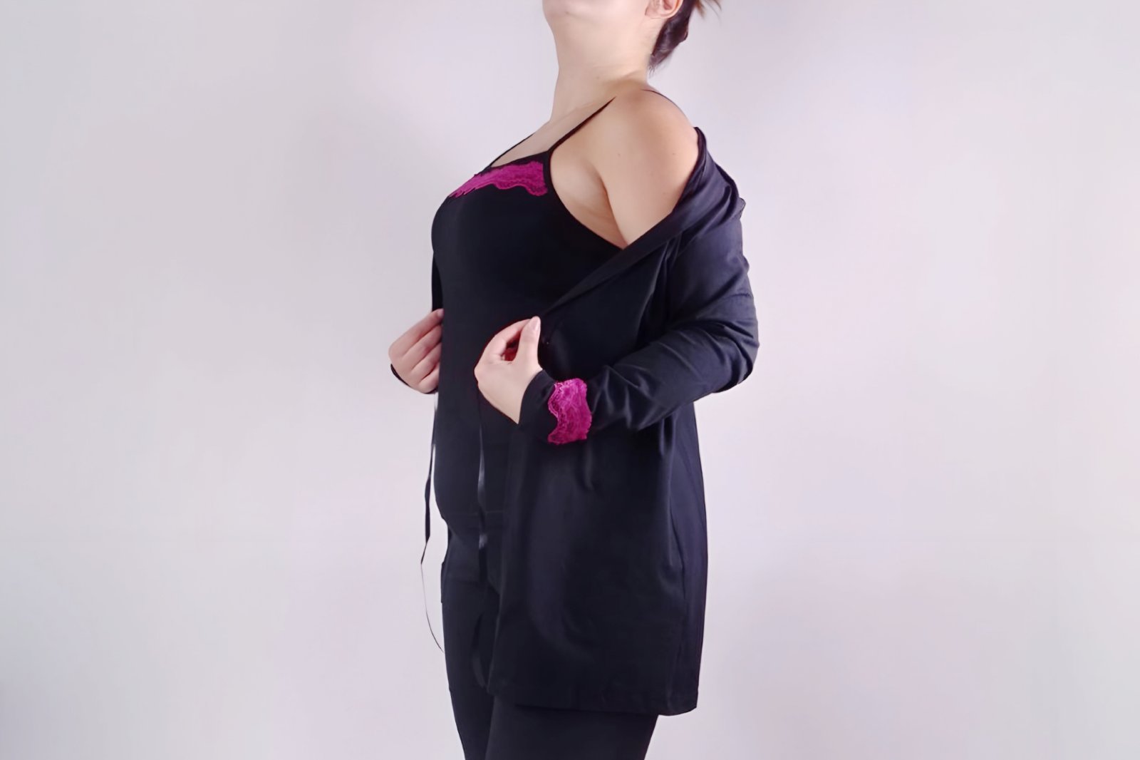 Women's three-piece pyjama set — black with fuchsia lace details SIA Underwear