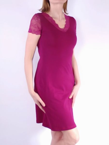 Cotton Nightdress with Short Lace Sleeves and V-Neckline Romance