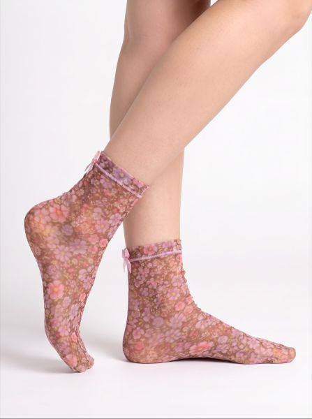 Women’s Tulle Socks, Short, with Floral Print Blossom Dream