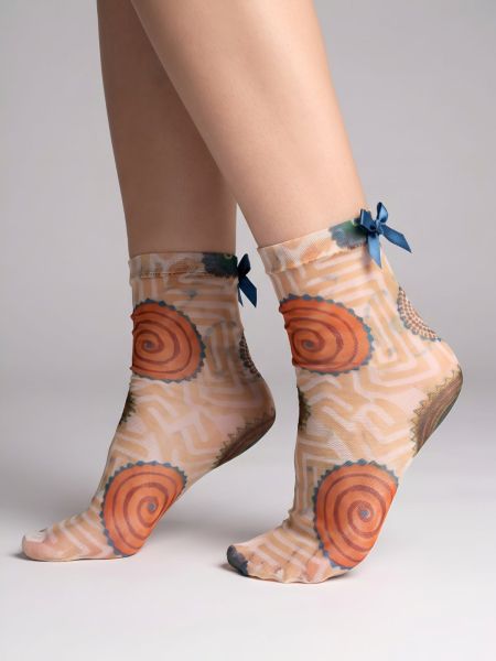 Women’s Tulle Socks, Beige, with Abstract Print Artistic