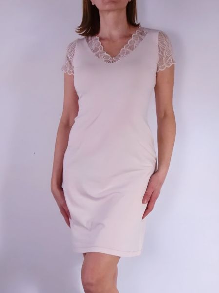 Cotton Nightdress with Lace and 3/4 Sleeves in Powder Cotton lace