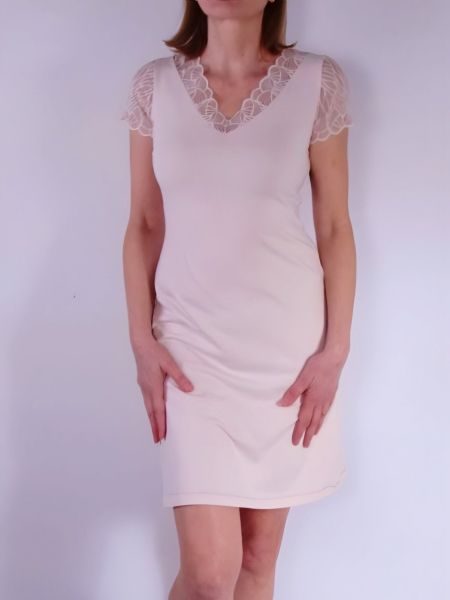 Cotton Nightdress with Lace and 3/4 Sleeves in Powder Cotton lace