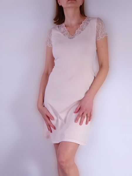 Cotton Nightdress with Lace and 3/4 Sleeves in Powder Cotton lace
