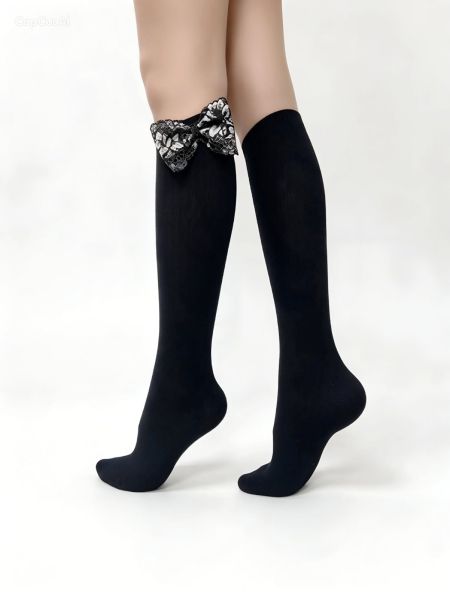 Women's 3/4 Socks, Black, with Handmade Black-and-White Lace Bow — Lace Bow