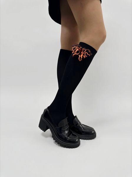 Women's 3/4 Socks, Black, with a Bold Black-and-Orange Lace Bow — Lace Bow