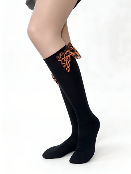 Women's 3/4 Socks, Black, with a Bold Black-and-Orange Lace Bow — Lace Bow