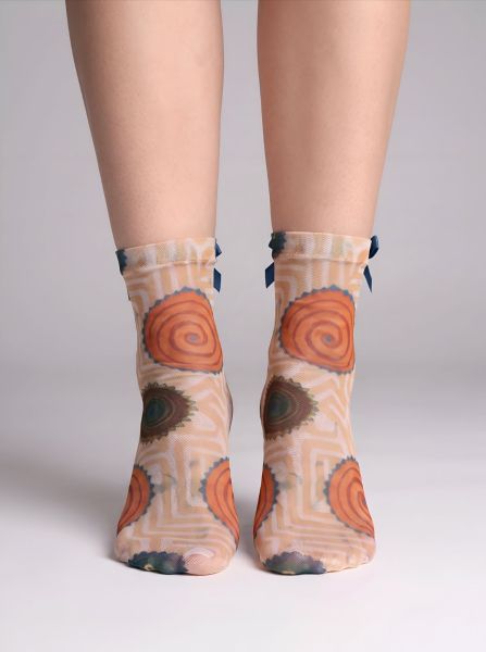 Women’s Tulle Socks, Beige, with Abstract Print Artistic